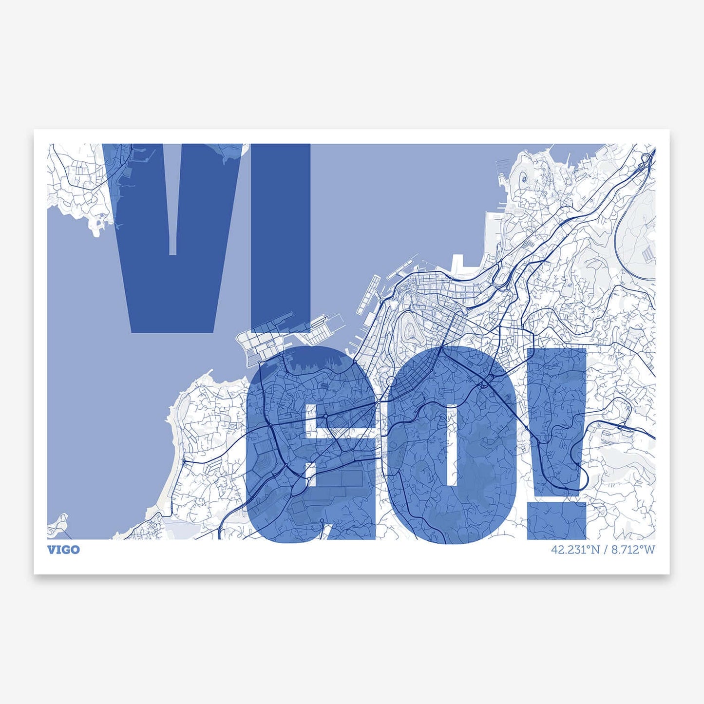 The map of Vigo with letters of its name placed randomly, designed in navy blue and white