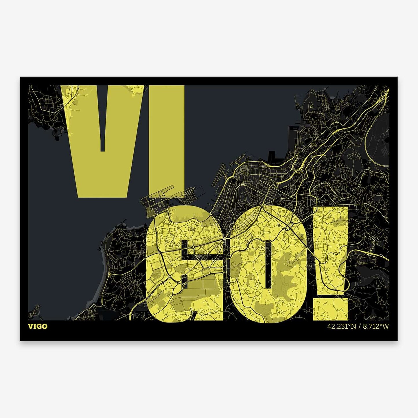 The map of Vigo with letters of its name placed randomly, designed in black and yellow