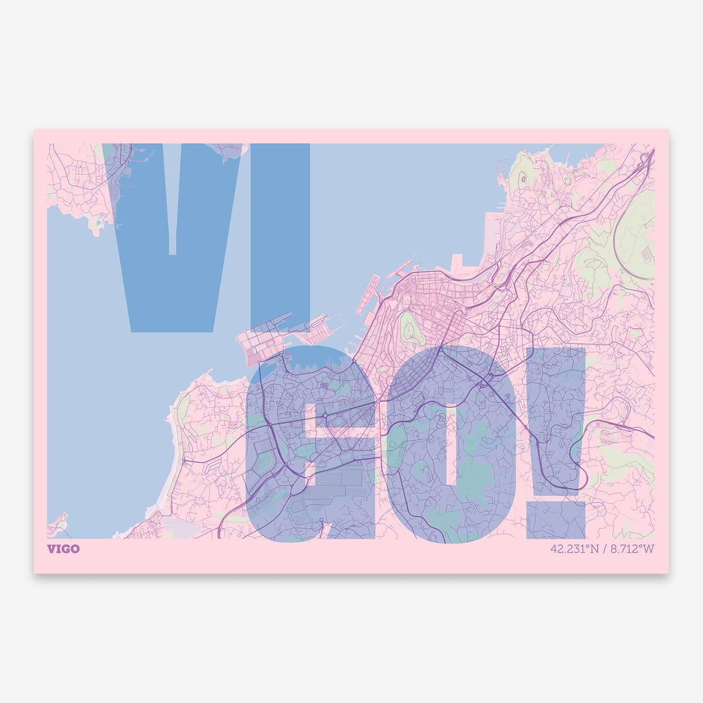 The map of Vigo with letters of its name placed randomly, designed in pink and light blue