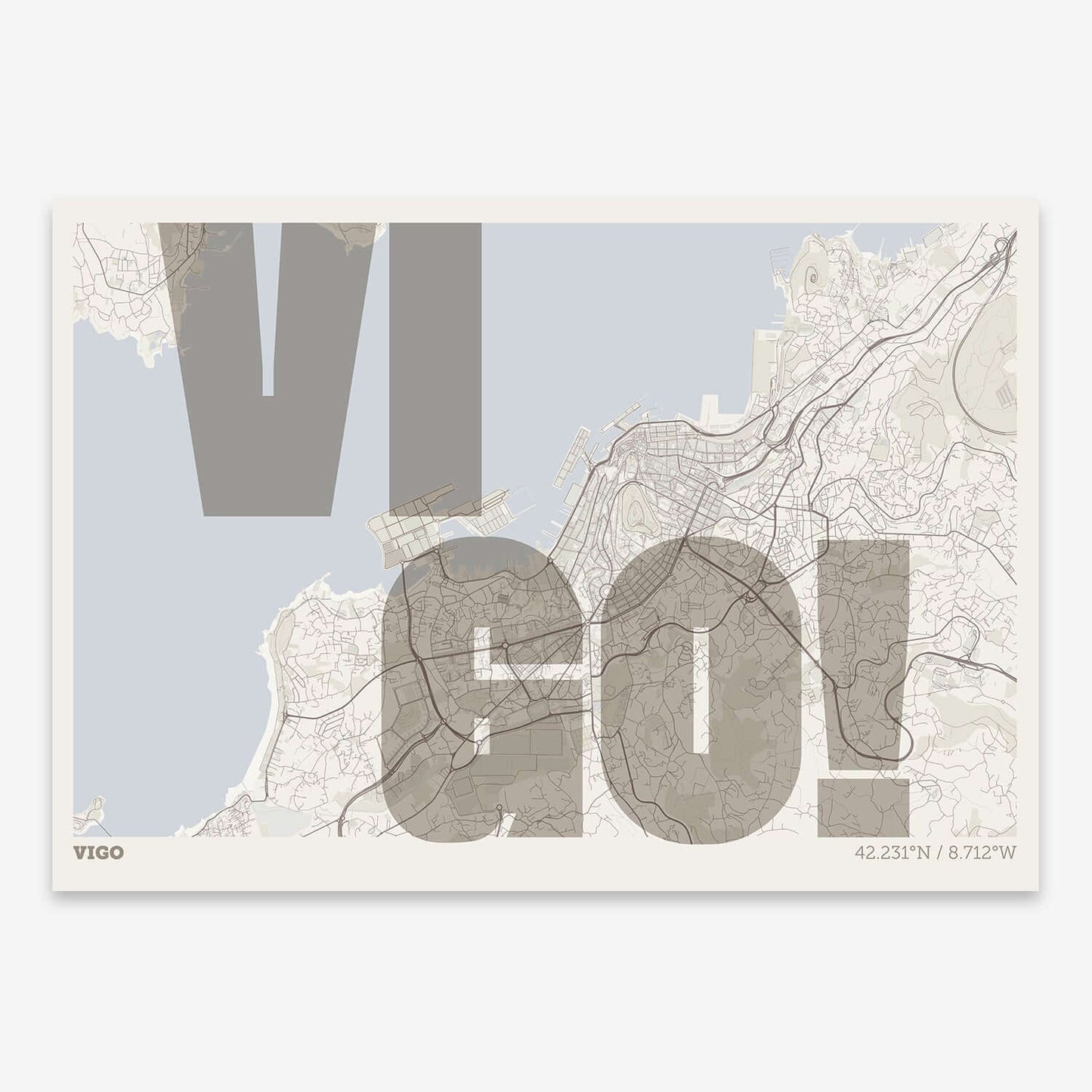 The map of Vigo with letters of its name placed randomly, designed in light brown and an off-white background