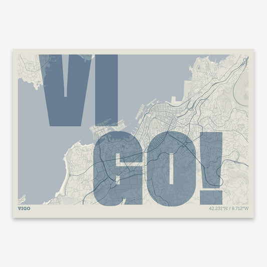 The map of Vigo with letters of its name placed randomly, designed in bluish gray and an off-white background