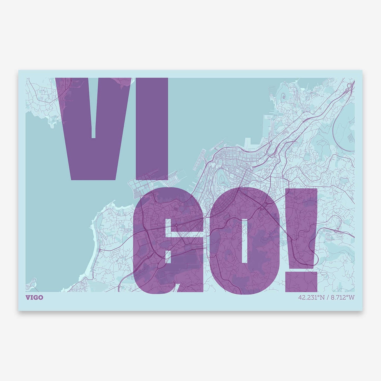 The map of Vigo with letters of its name placed randomly, designed in purple and light blue