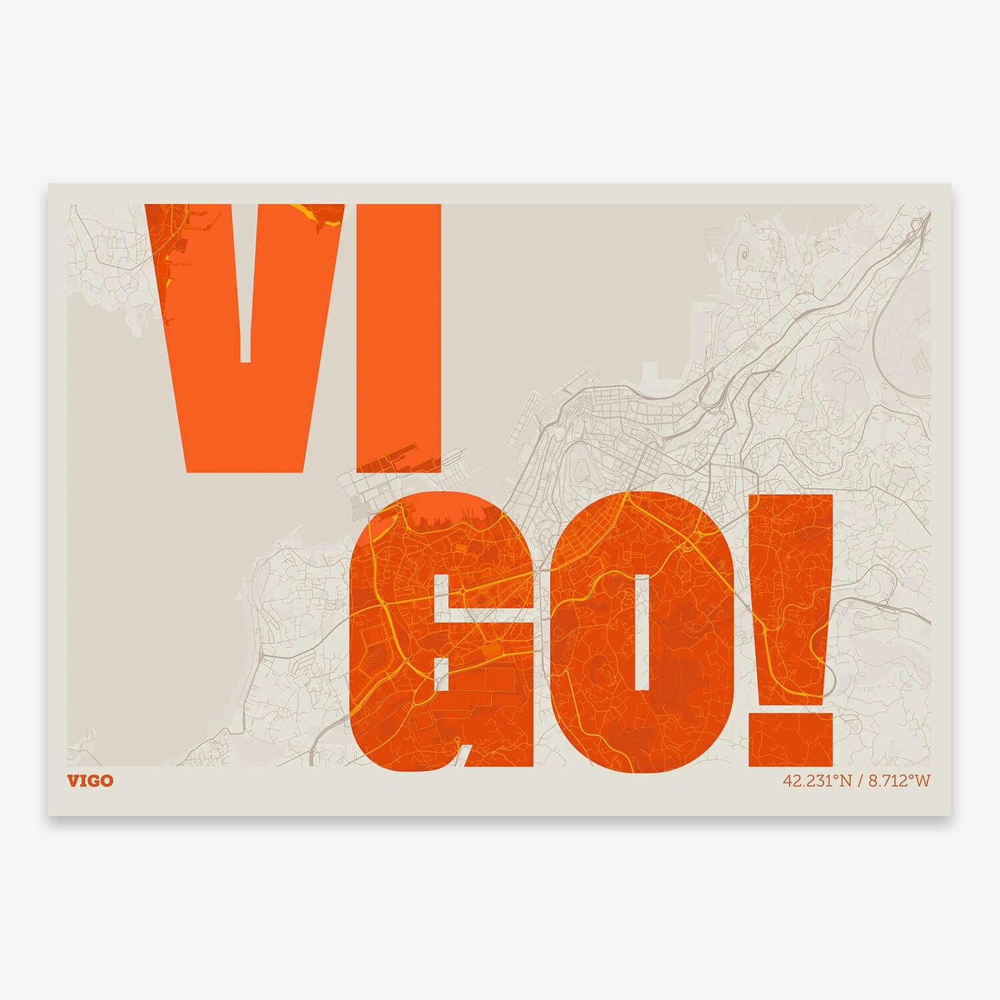 The map of Vigo with letters of its name placed randomly, designed in orange and an off-white background