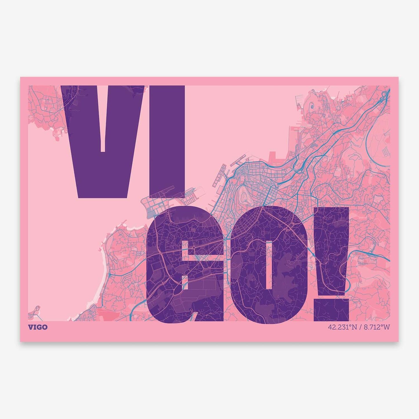 The map of Vigo with letters of its name placed randomly, designed in violet y pink background