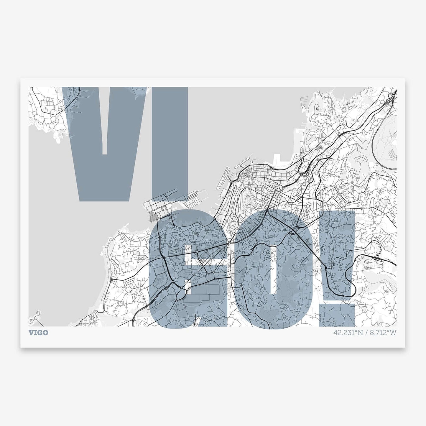 The map of Vigo with letters of its name placed randomly, designed in black and white