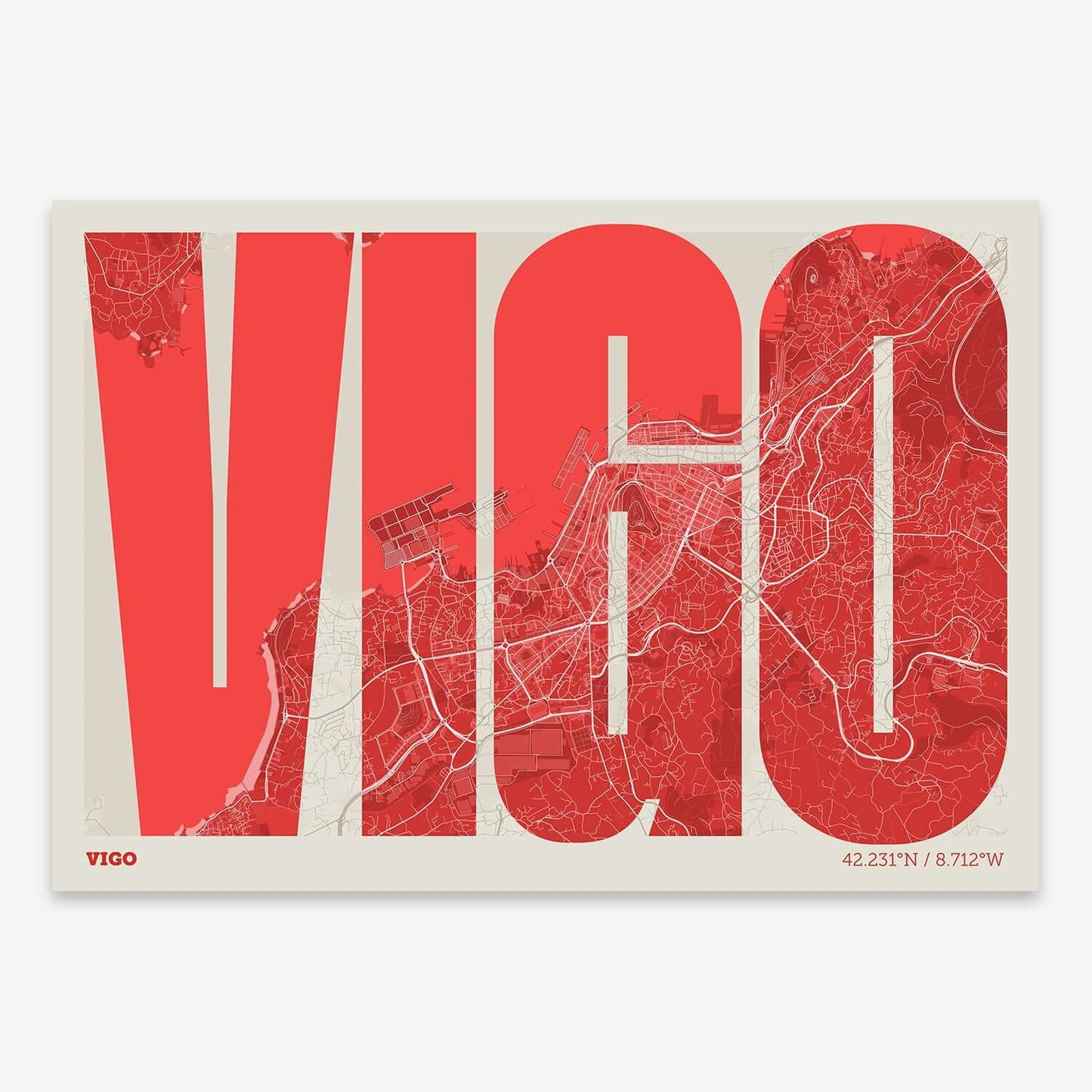 The map of Vigo and letters of its name in a giclée print designed in red and an off-white background