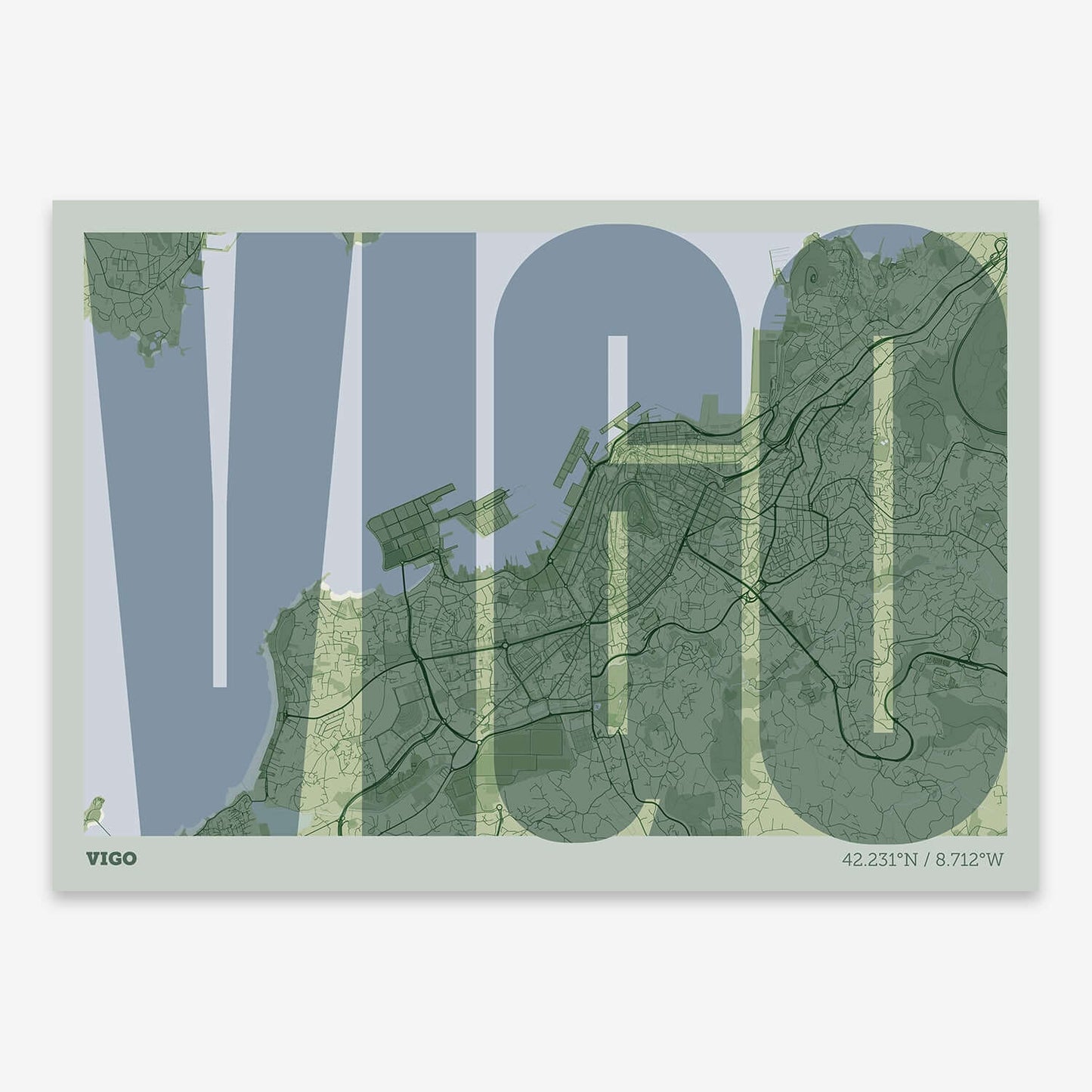 The map of Vigo and letters of its name in a giclée print designed in two green tones