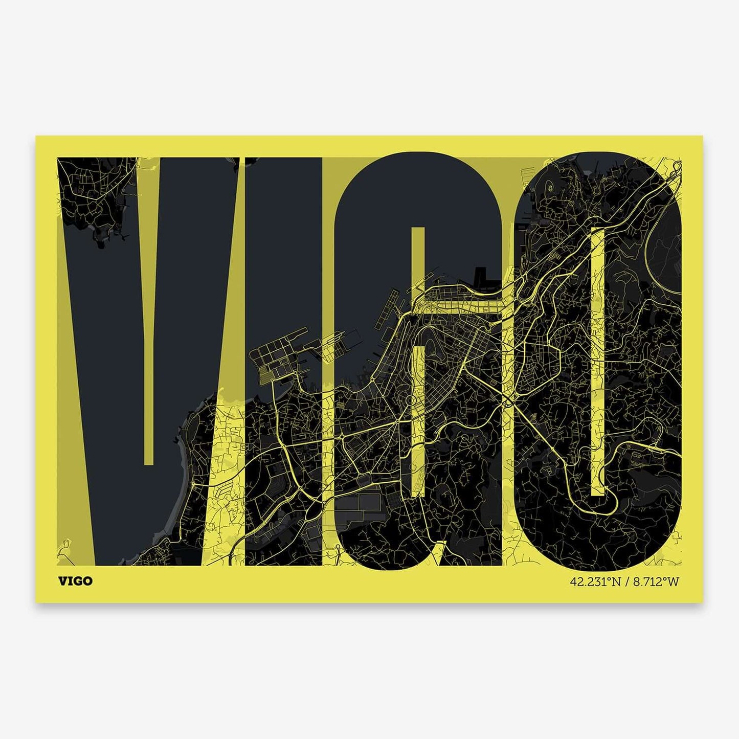 The map of Vigo and letters of its name in a giclée print designed in black and yellow