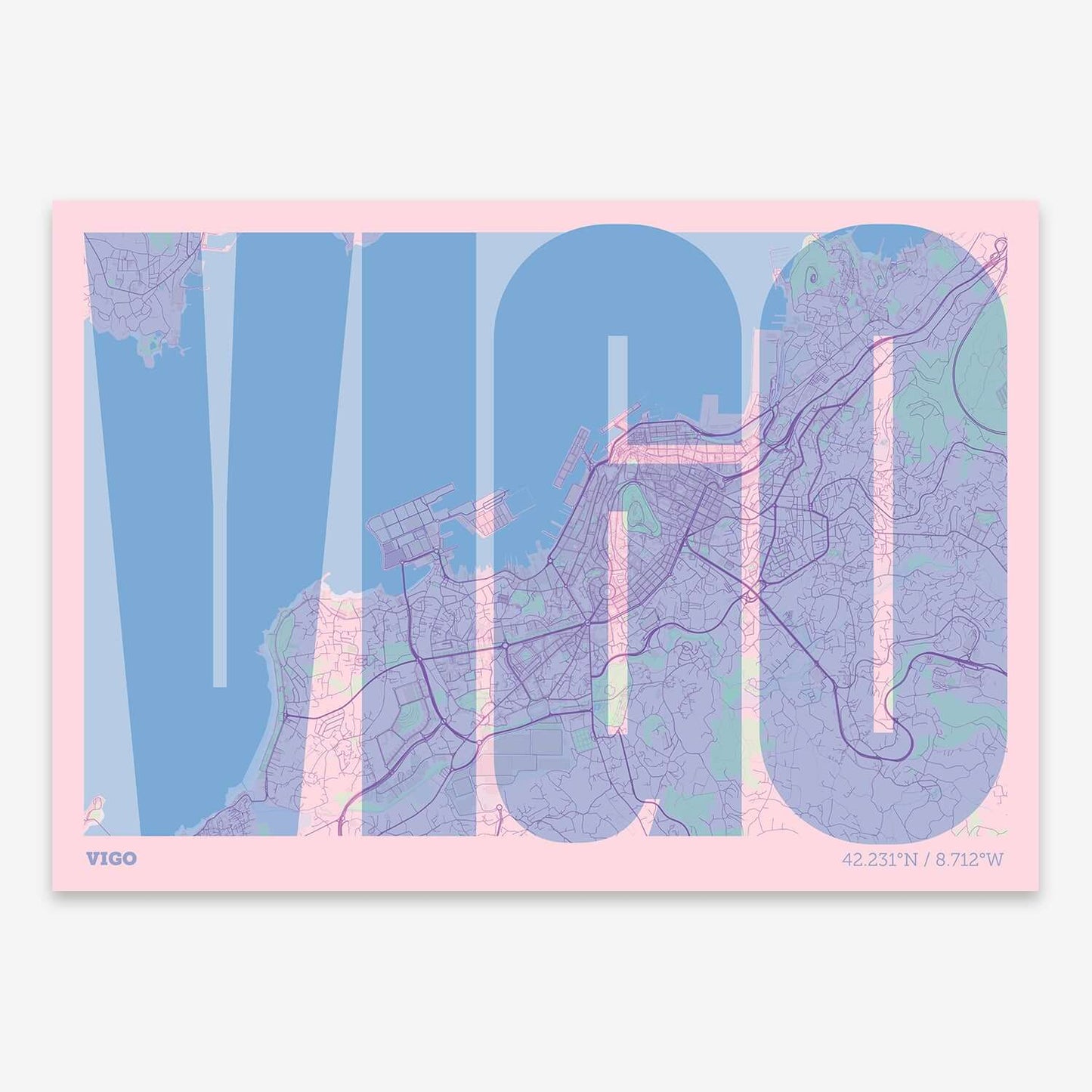 The map of Vigo and letters of its name in a giclée print designed in pink and light blue