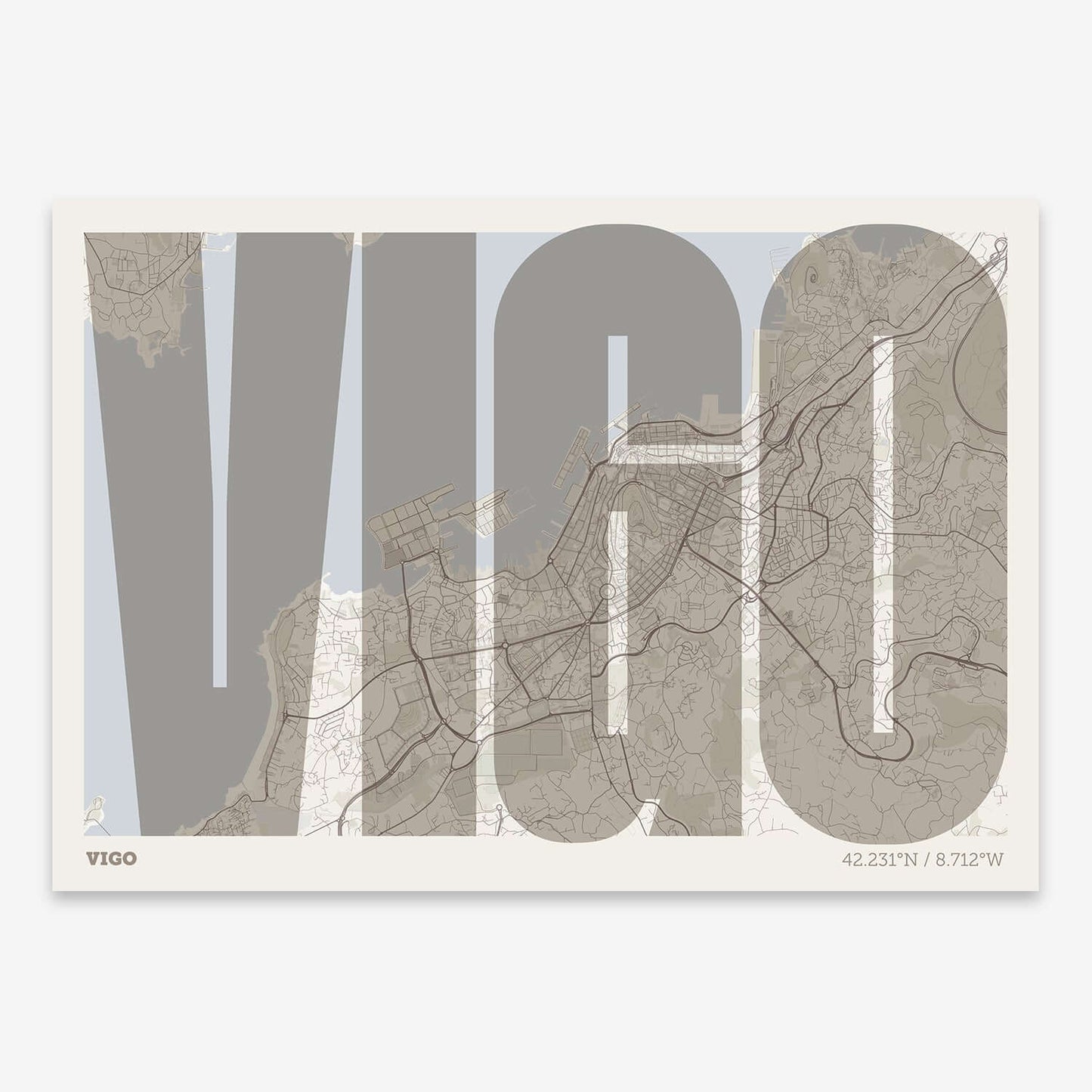 The map of Vigo and letters of its name in a giclée print designed in light brown and an off-white background