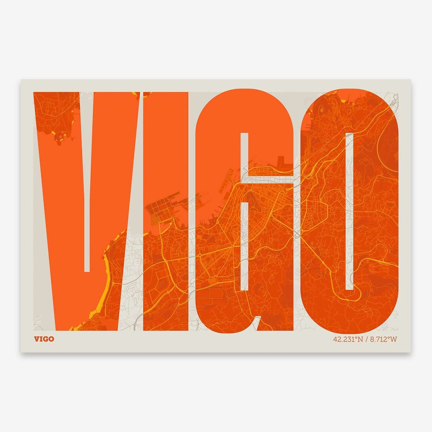 The map of Vigo and letters of its name in a giclée print designed in orange and an off-white background