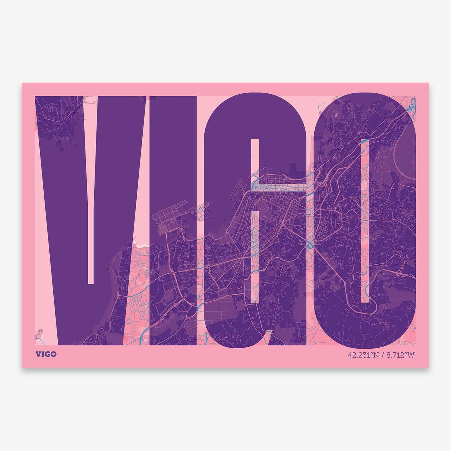 The map of Vigo and letters of its name in a giclée print designed in violet y pink background