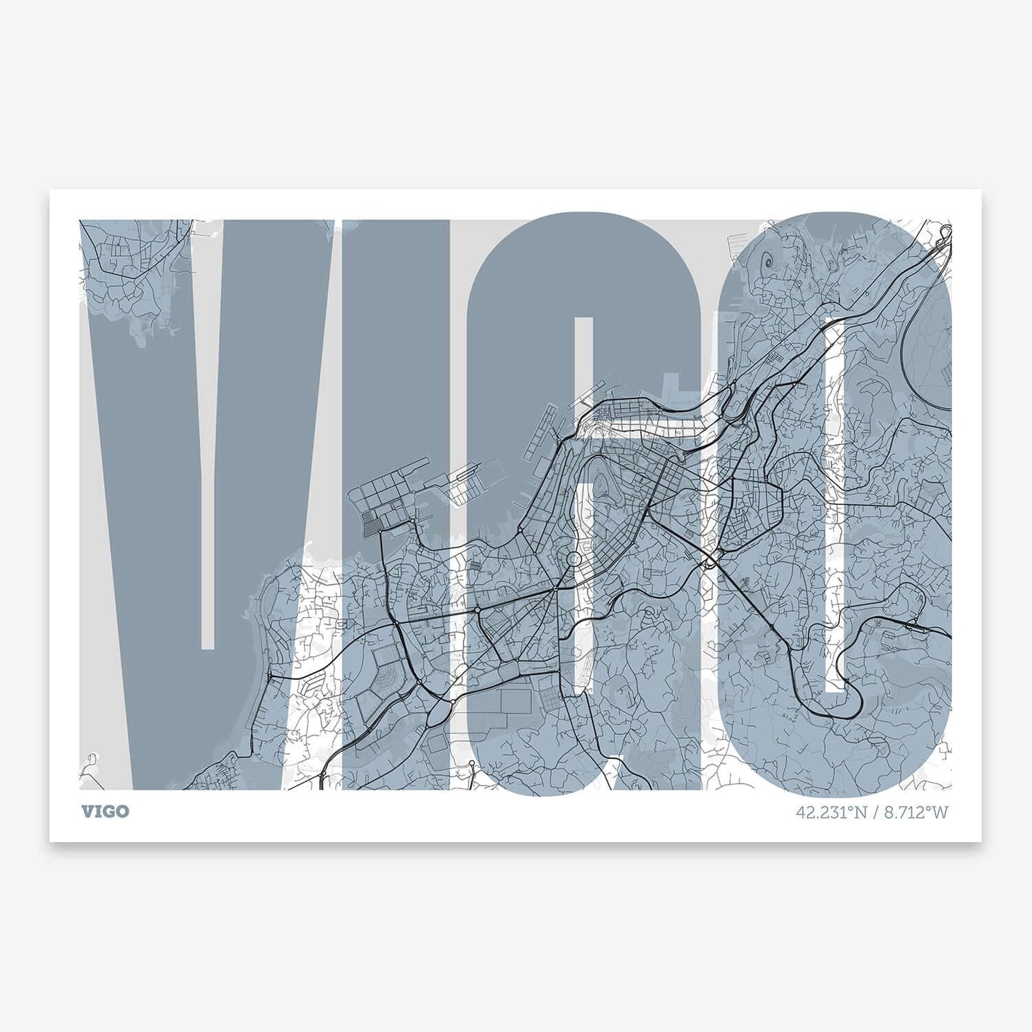 The map of Vigo and letters of its name in a giclée print designed in black and white