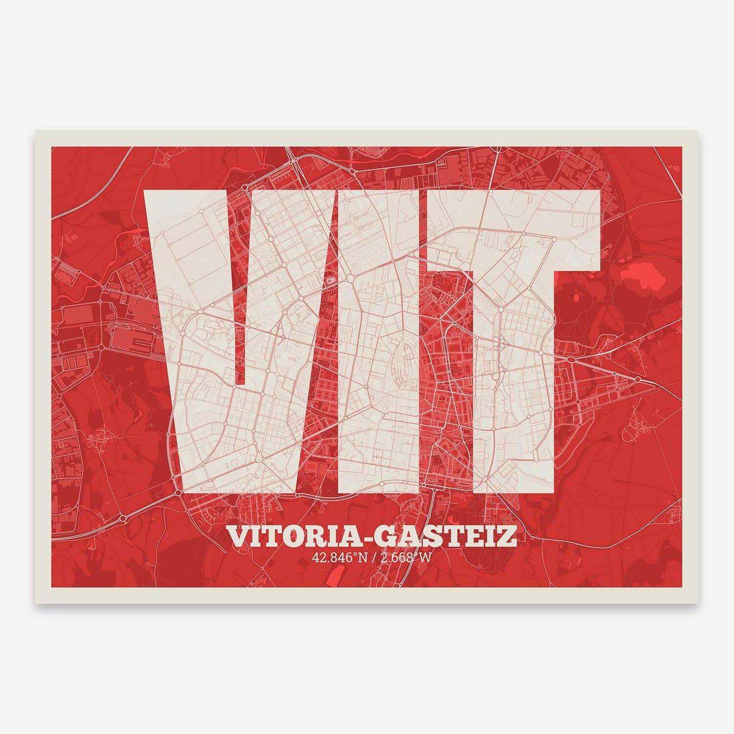 The map of Vitoria-Gasteiz composed with letters in a heavy geometric font printed on red and an off-white background