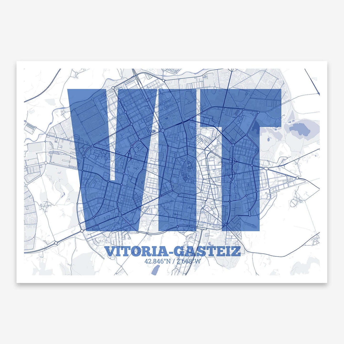 The map of Vitoria-Gasteiz composed with letters in a heavy geometric font printed on navy blue and white