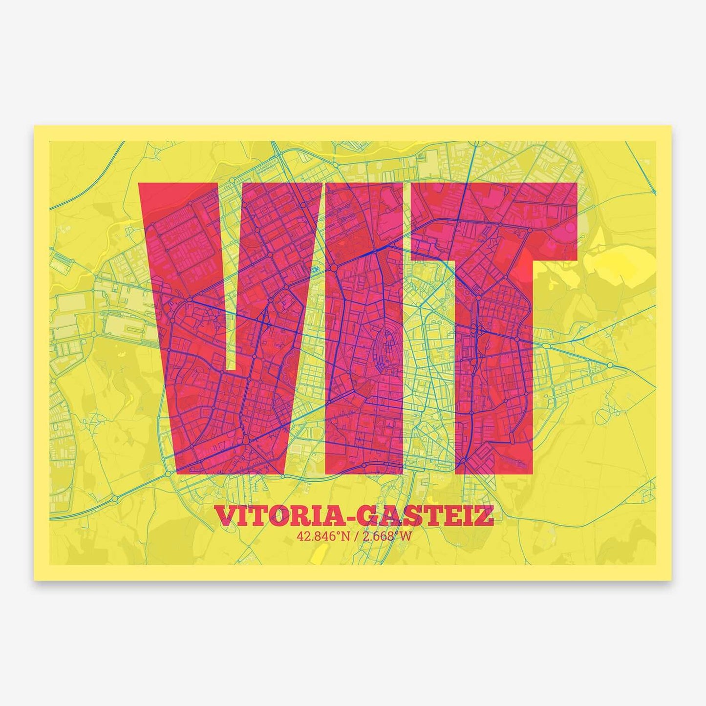 The map of Vitoria-Gasteiz composed with letters in a heavy geometric font printed on yellow and fuchsia