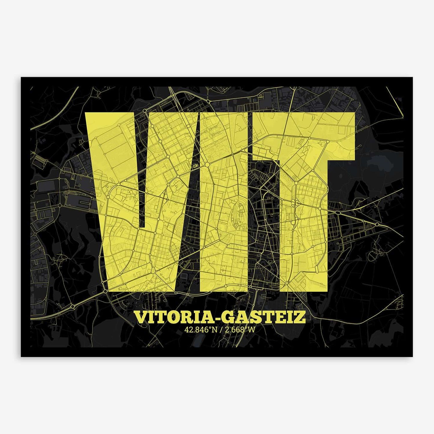 The map of Vitoria-Gasteiz composed with letters in a heavy geometric font printed on black and yellow