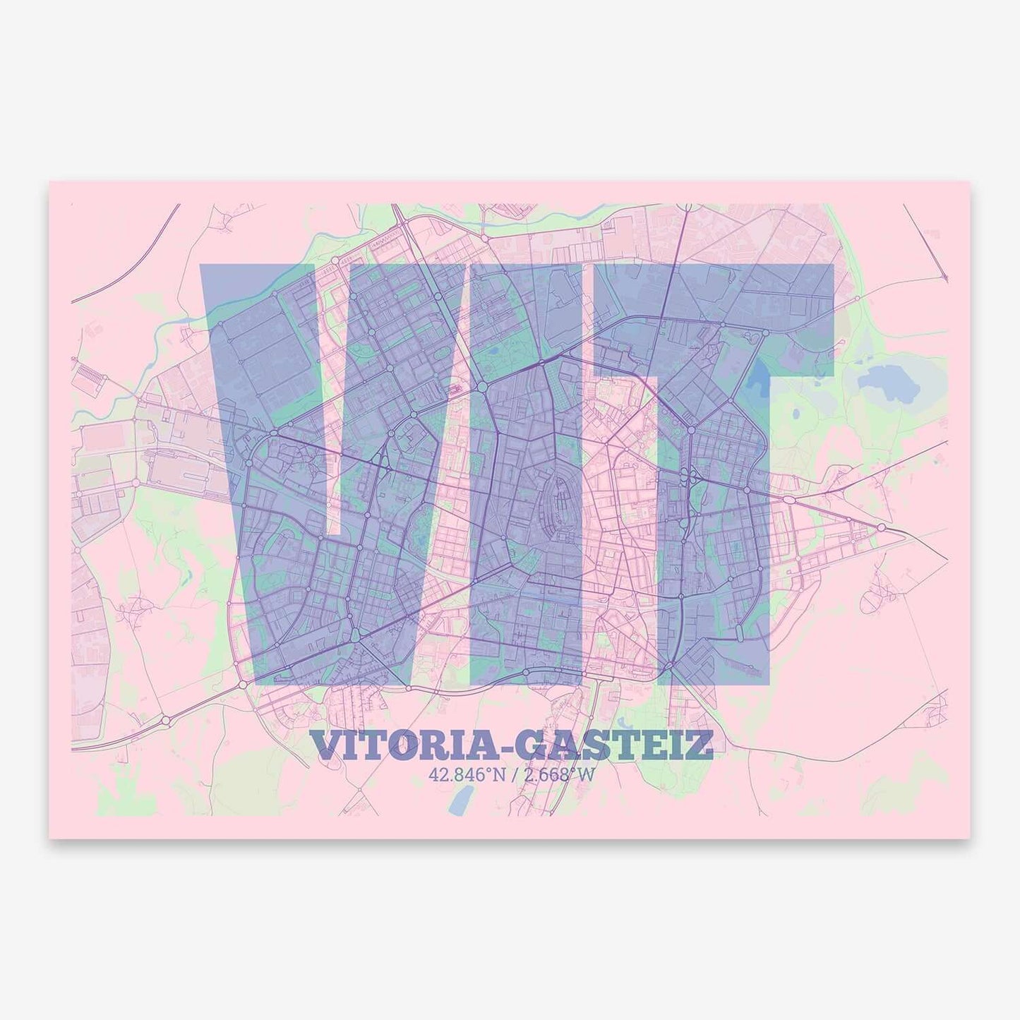 The map of Vitoria-Gasteiz composed with letters in a heavy geometric font printed on pink and light blue