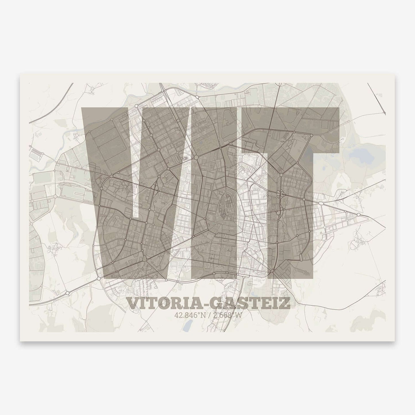 The map of Vitoria-Gasteiz composed with letters in a heavy geometric font printed on light brown and an off-white background