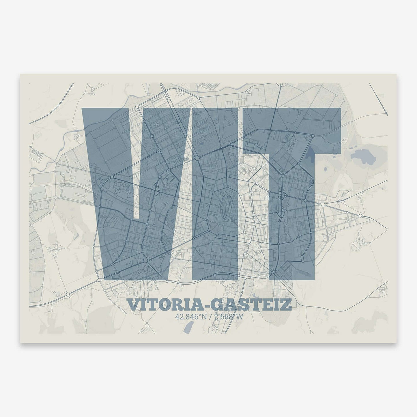 The map of Vitoria-Gasteiz composed with letters in a heavy geometric font printed on bluish gray and an off-white background