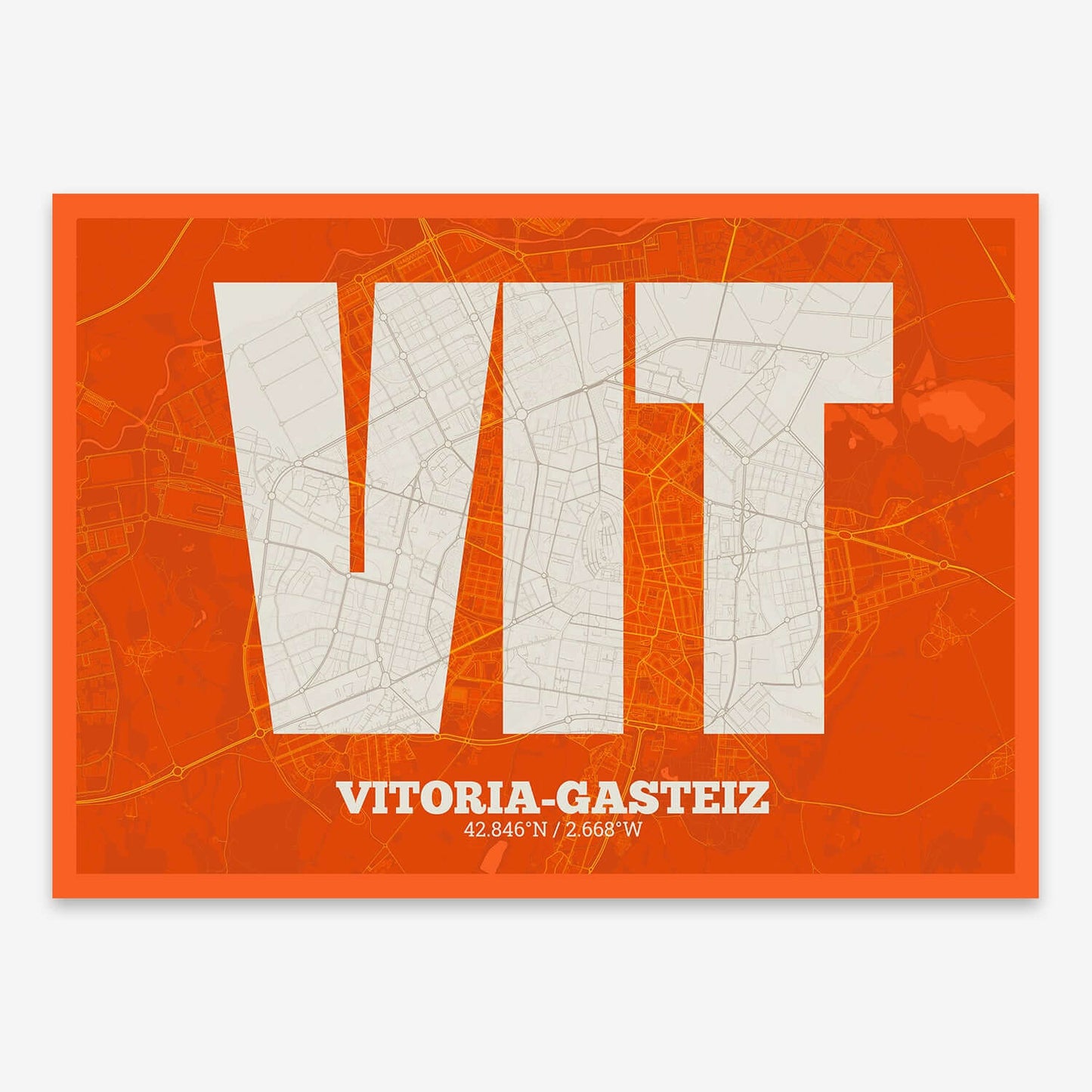 The map of Vitoria-Gasteiz composed with letters in a heavy geometric font printed on orange and an off-white background