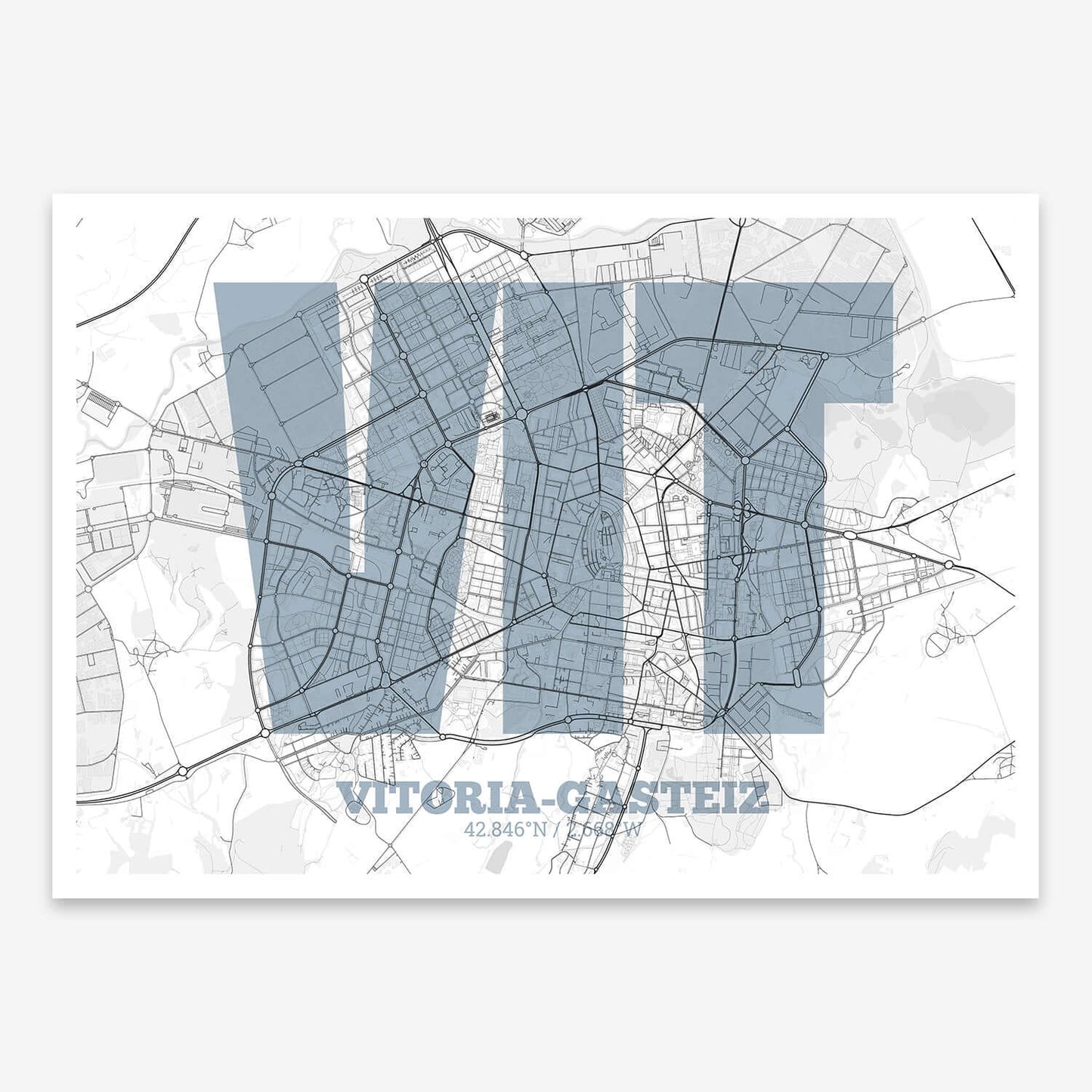 The map of Vitoria-Gasteiz composed with letters in a heavy geometric font printed on black and white