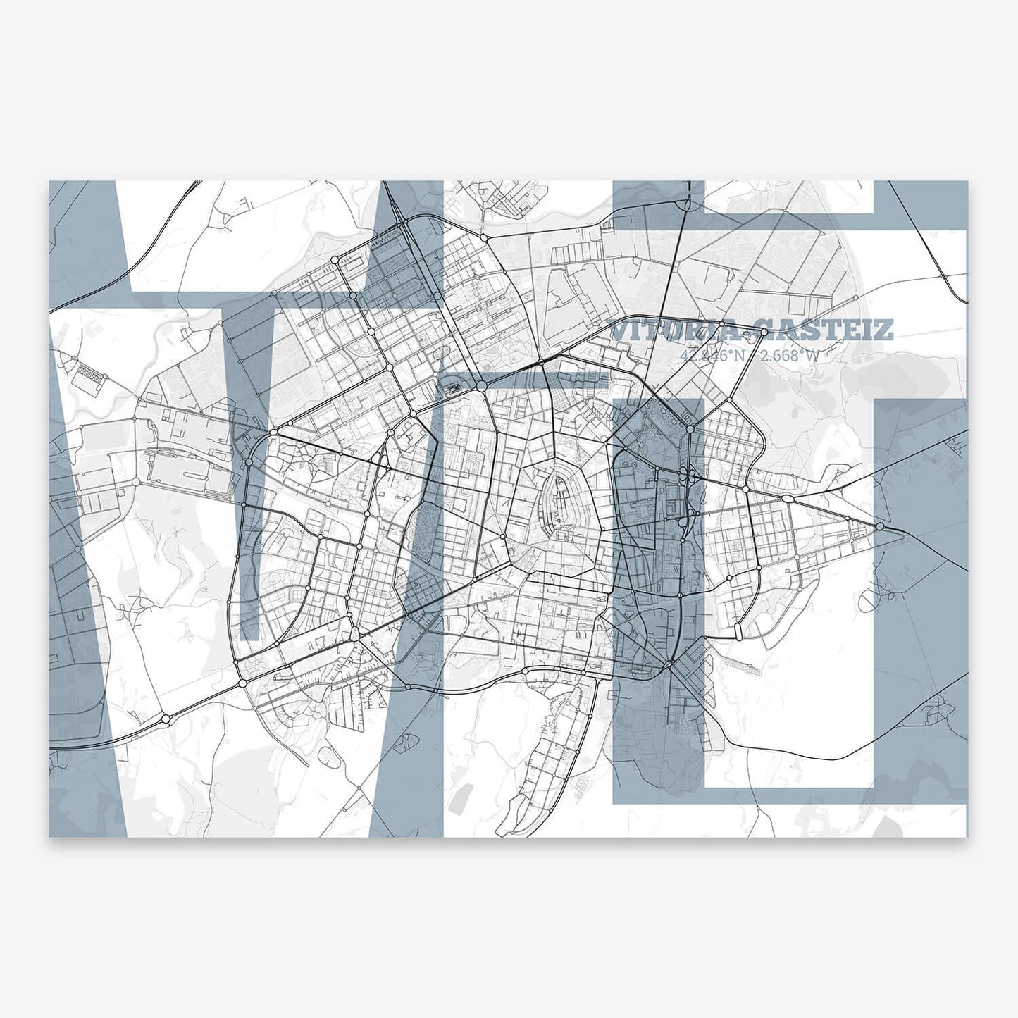 The map of Vitoria-Gasteiz composed with letters from its name or IATA code printed on black and white