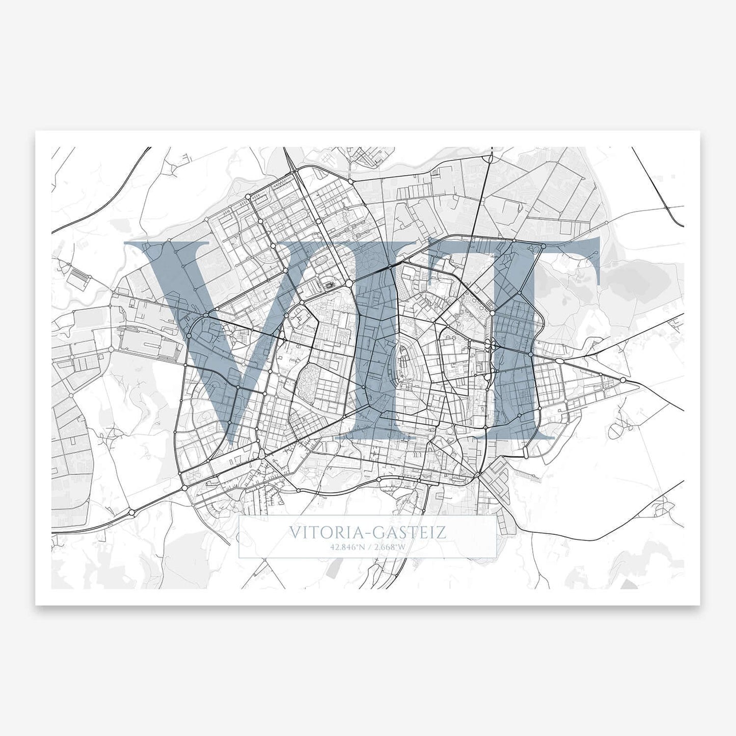 The map of Vitoria-Gasteiz composed with letters in serif font printed on black and white