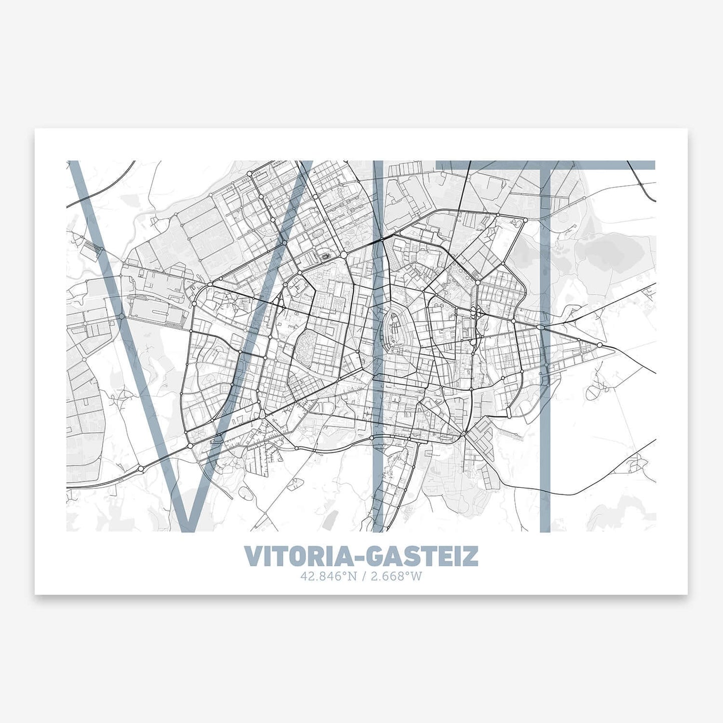 The map of Vitoria-Gasteiz composed with letters in extra light font printed on black and white