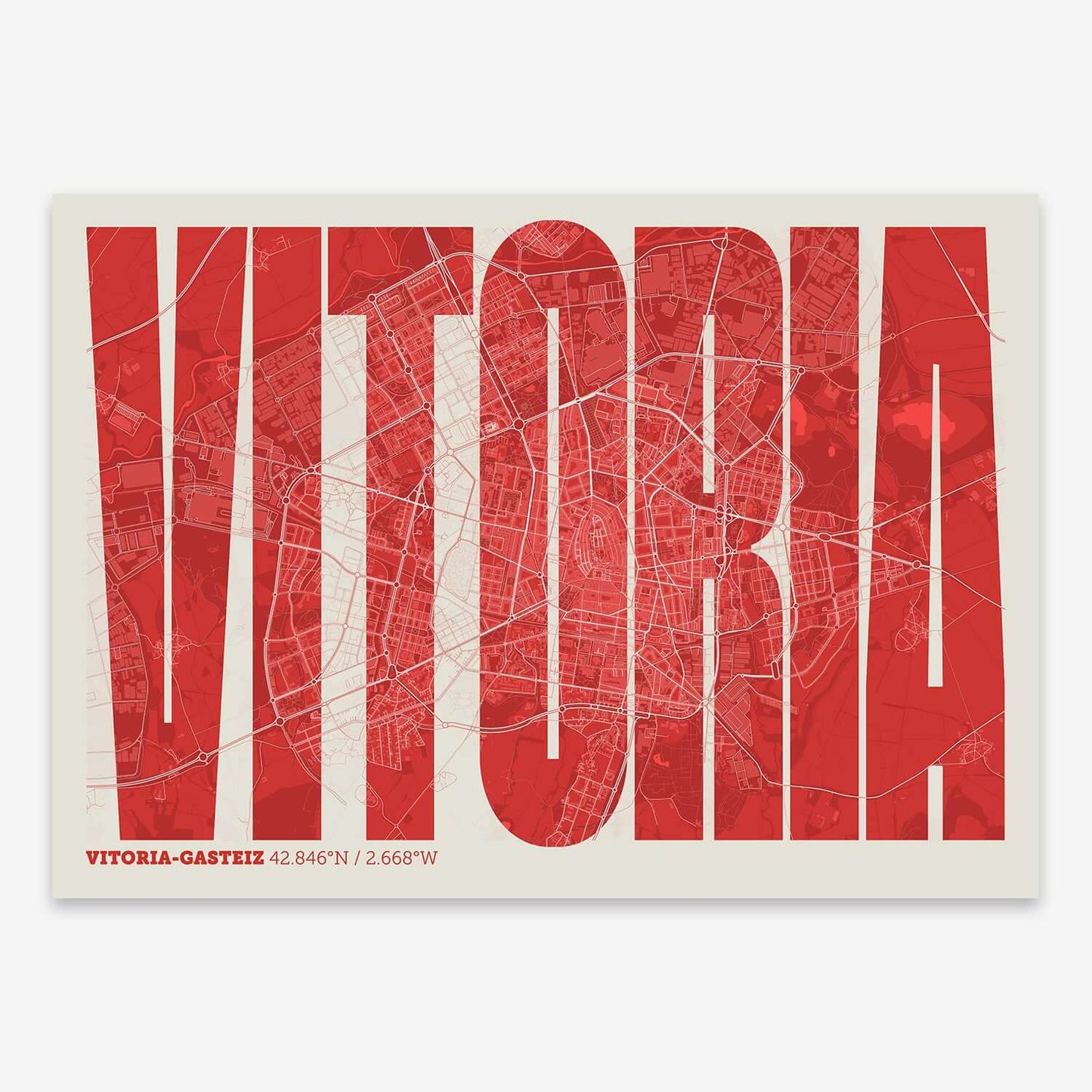 The map of Vitoria-Gasteiz and letters of its name in a giclée print designed in red and an off-white background