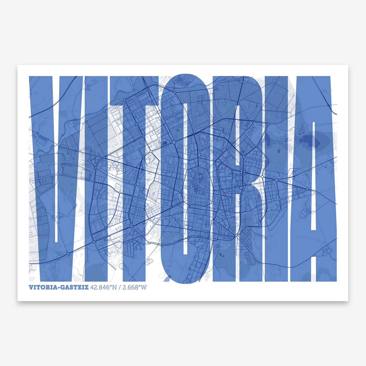 The map of Vitoria-Gasteiz and letters of its name in a giclée print designed in navy blue and white