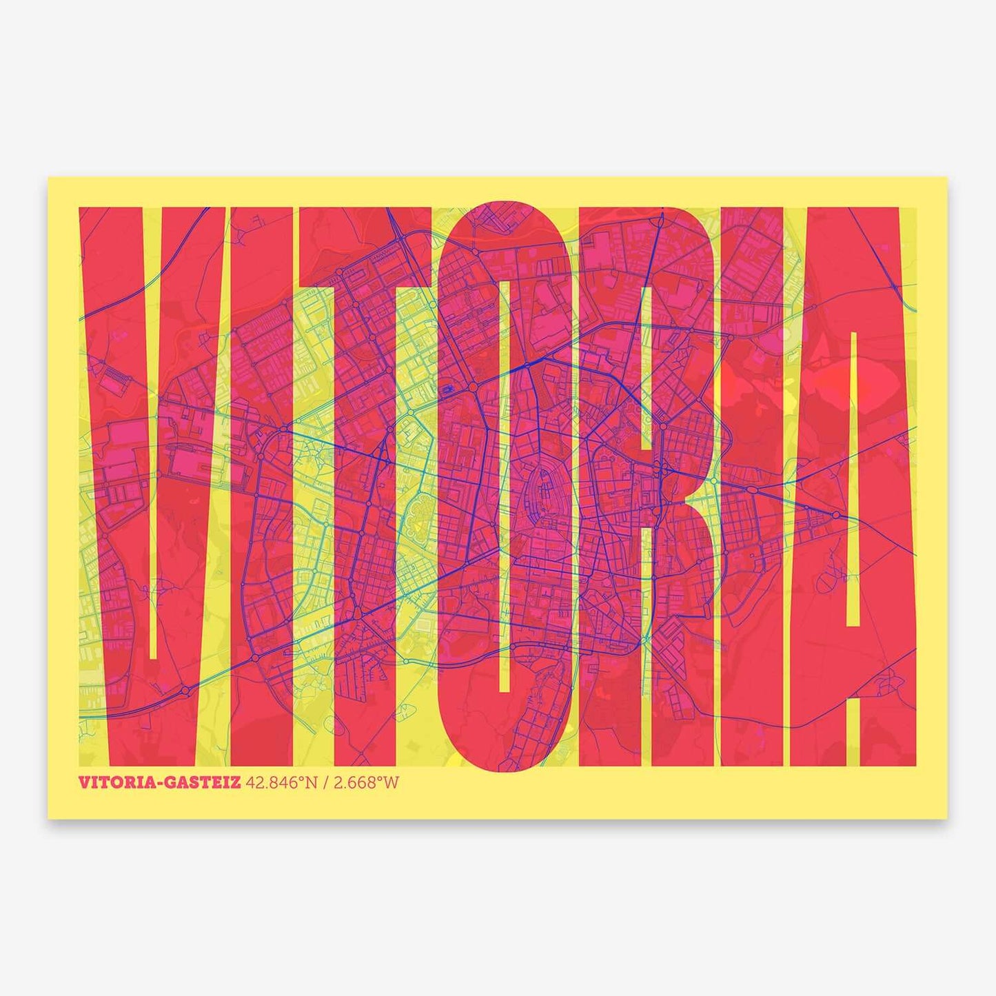 The map of Vitoria-Gasteiz and letters of its name in a giclée print designed in yellow and fuchsia