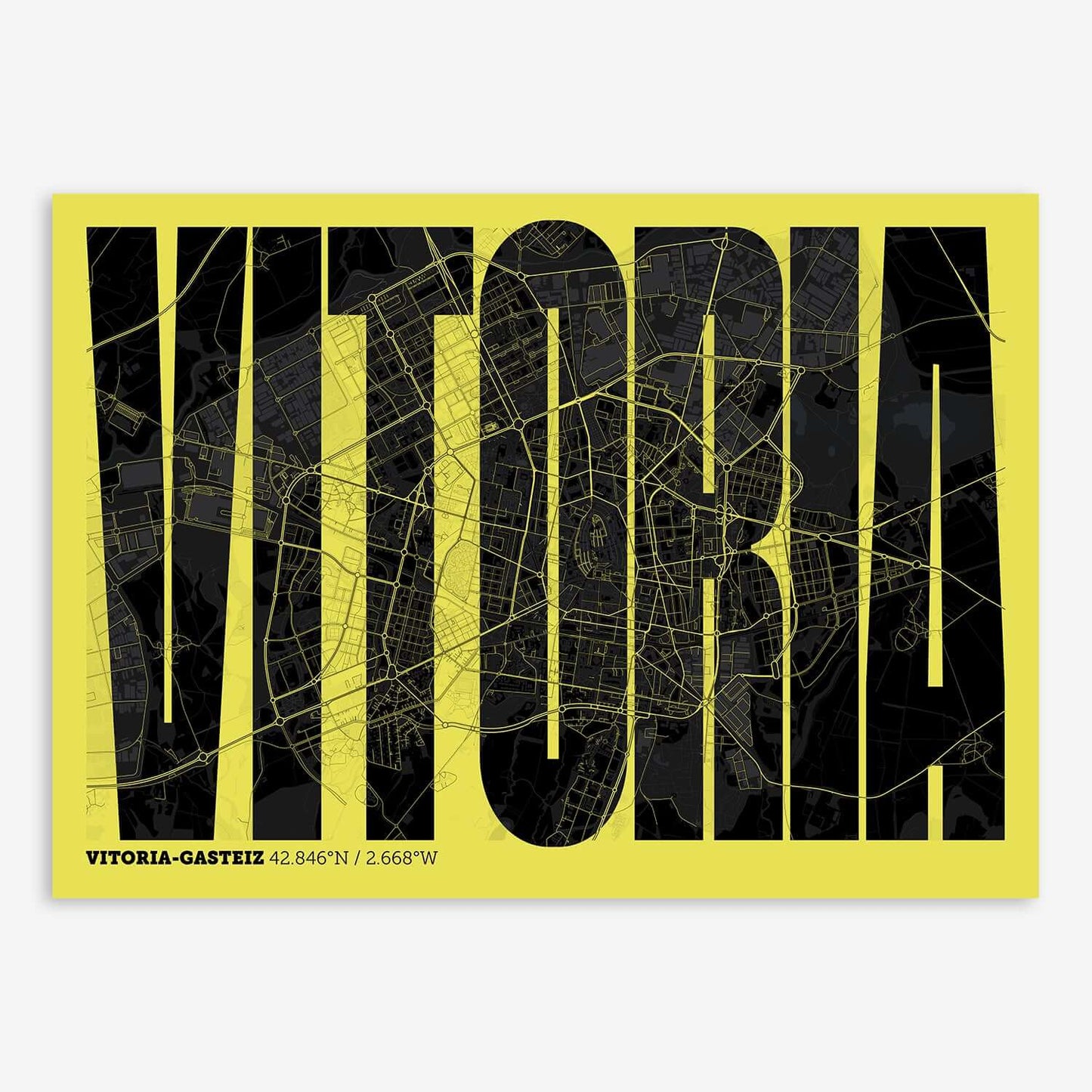 The map of Vitoria-Gasteiz and letters of its name in a giclée print designed in black and yellow