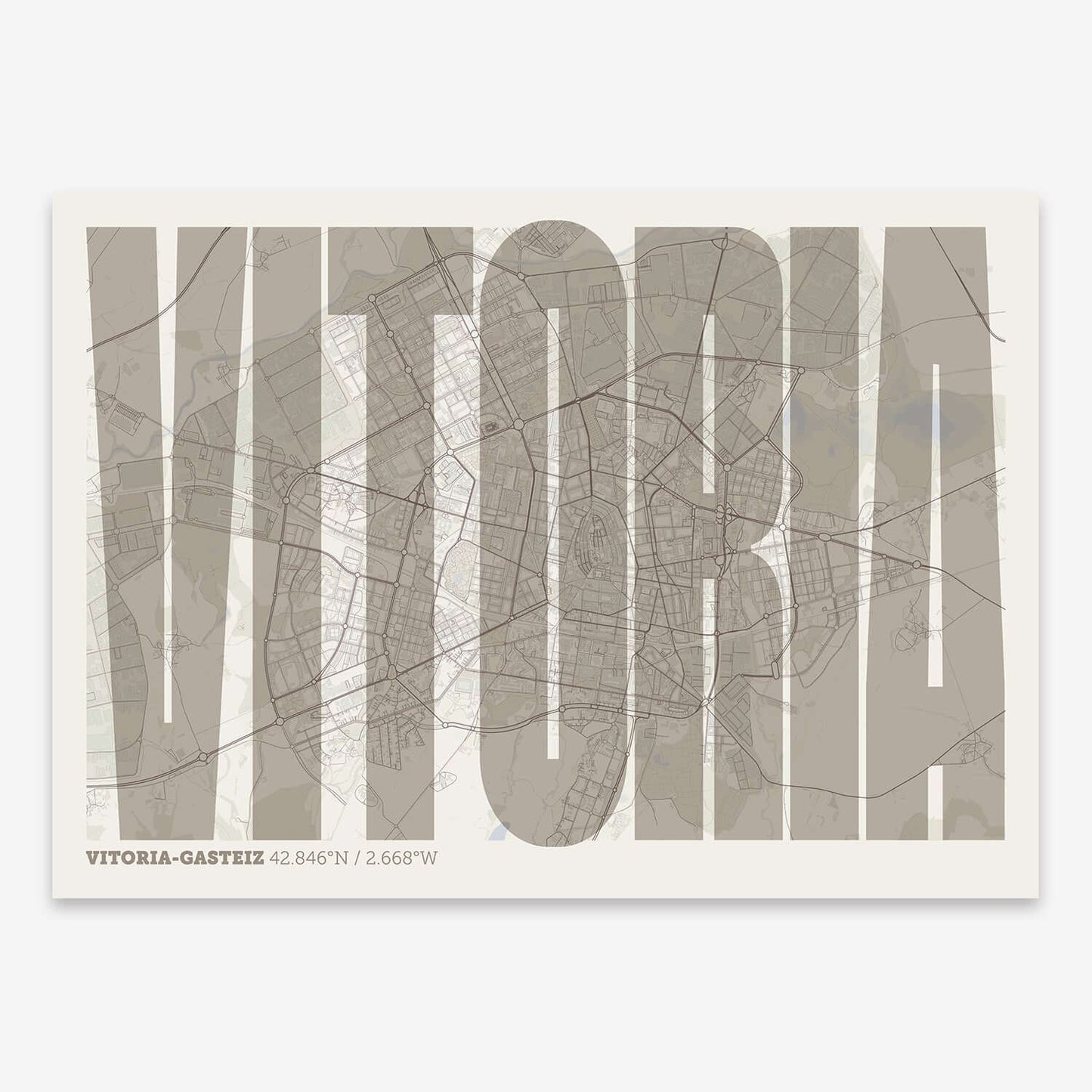 The map of Vitoria-Gasteiz and letters of its name in a giclée print designed in light brown and an off-white background