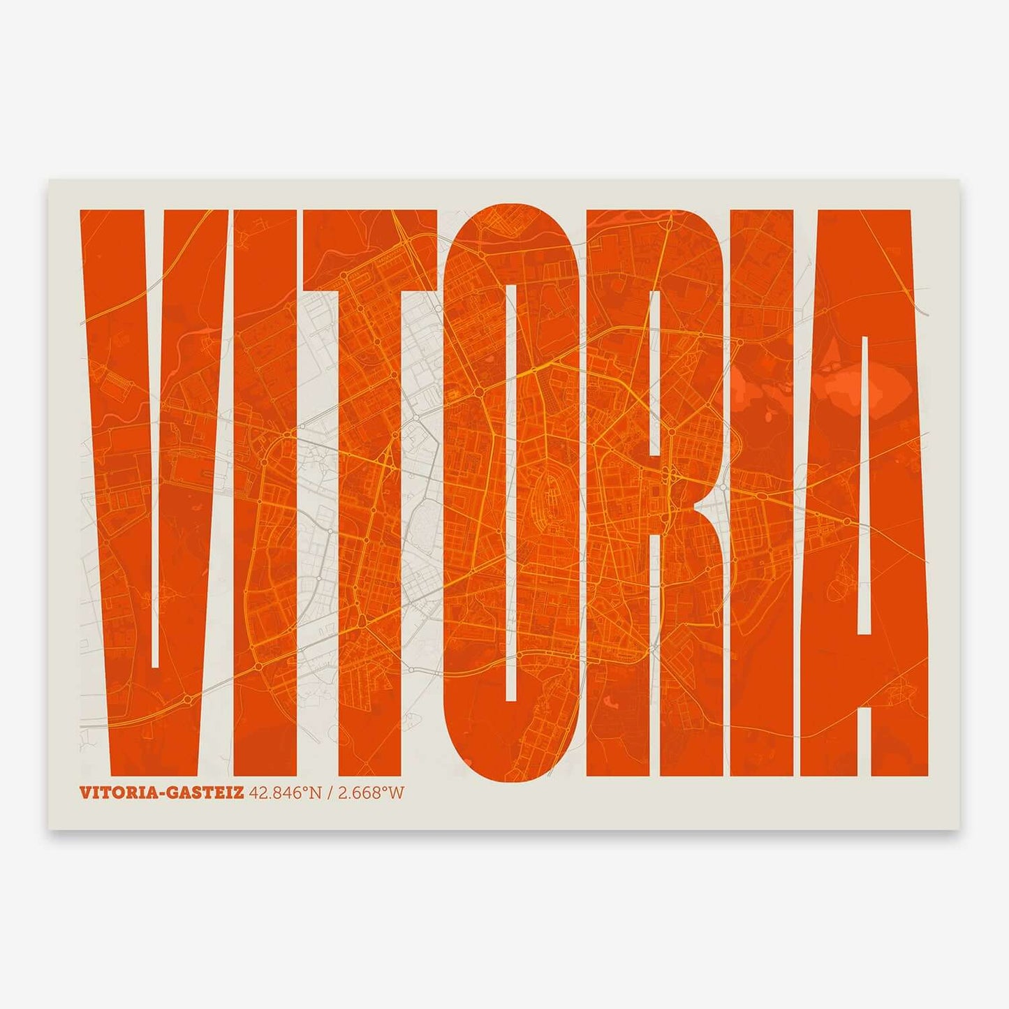 The map of Vitoria-Gasteiz and letters of its name in a giclée print designed in orange and an off-white background