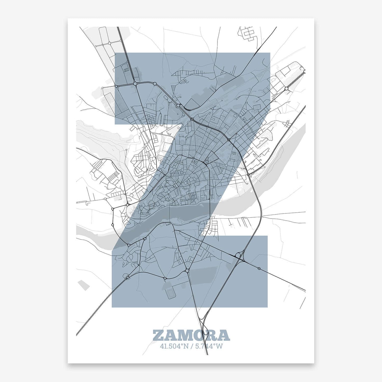 The map of Zamora composed with letters in a heavy geometric font printed on black and white