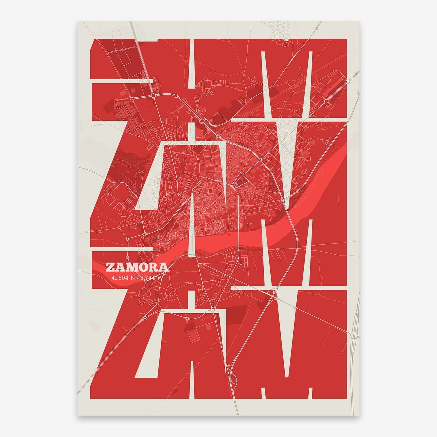 The map of Zamora composed with letters from its name or IATA code printed on red and an off-white background