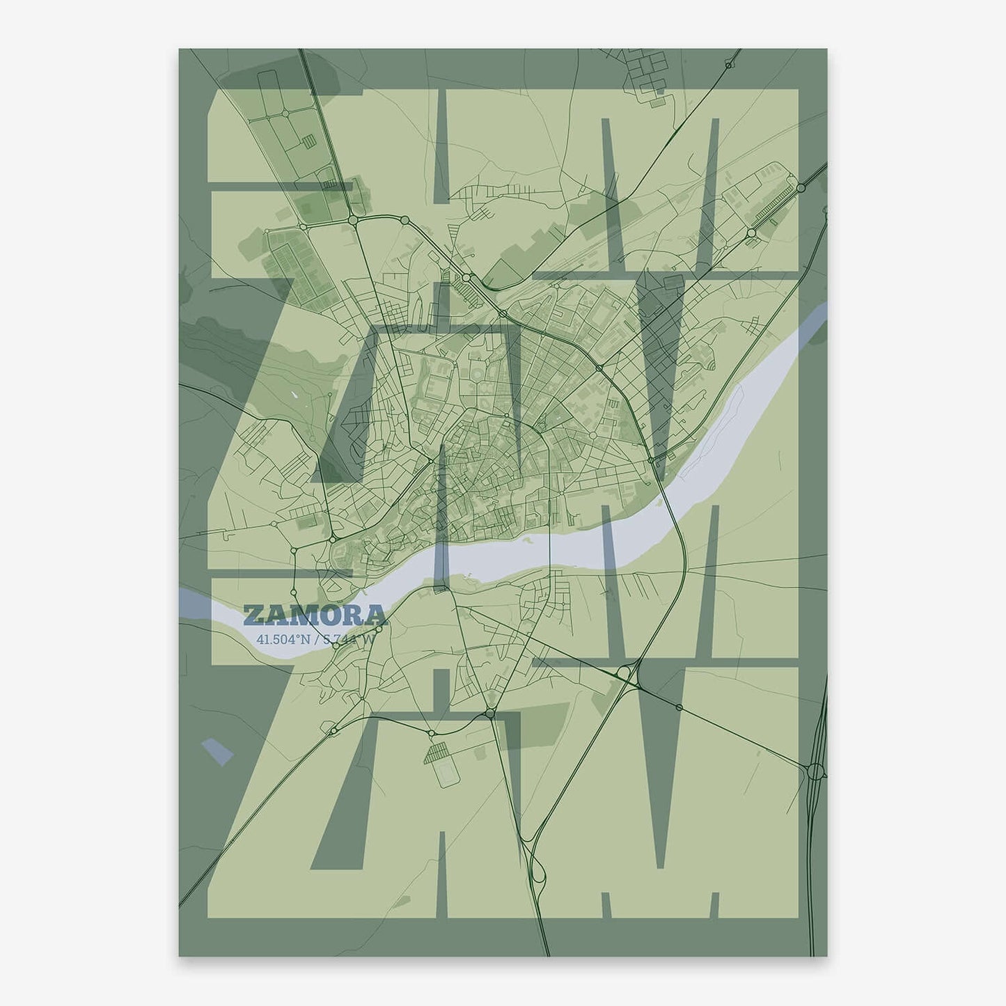 The map of Zamora composed with letters from its name or IATA code printed on two green tones