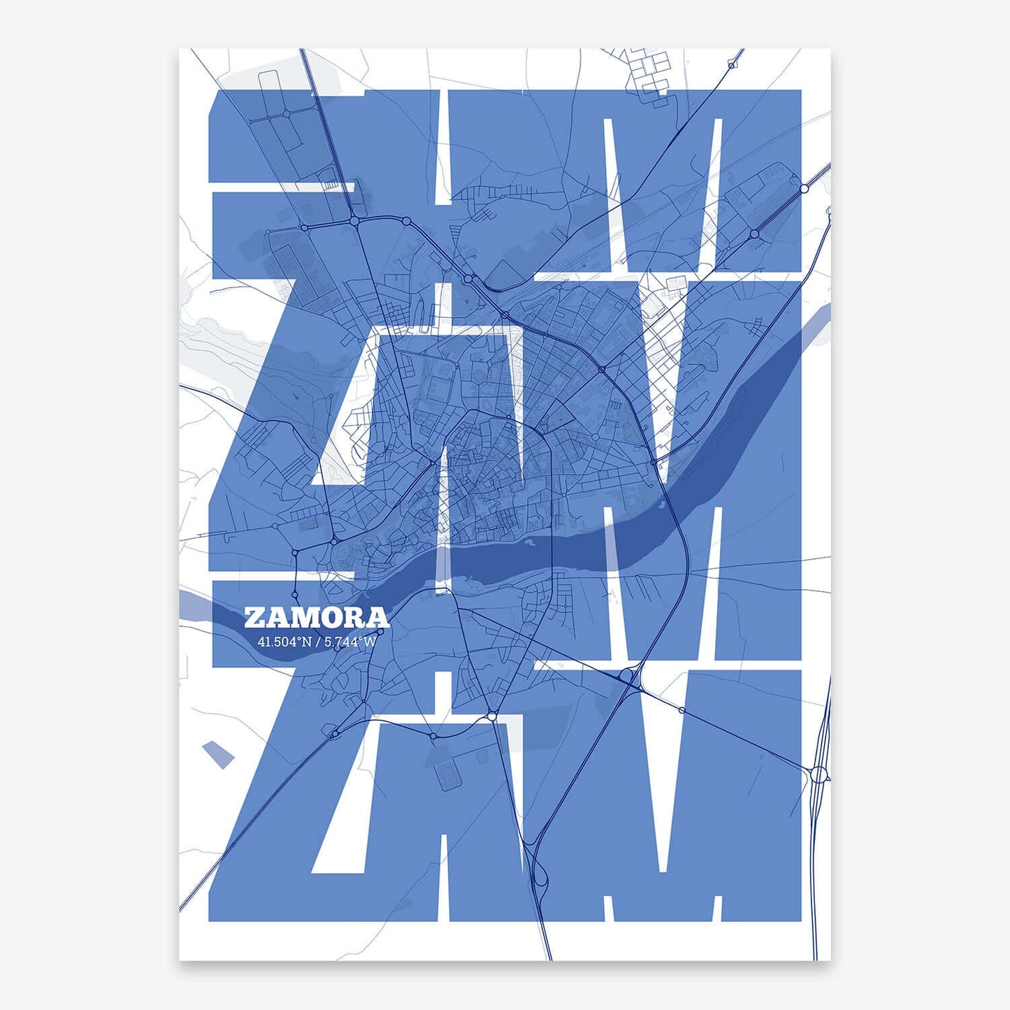 The map of Zamora composed with letters from its name or IATA code printed on navy blue and white