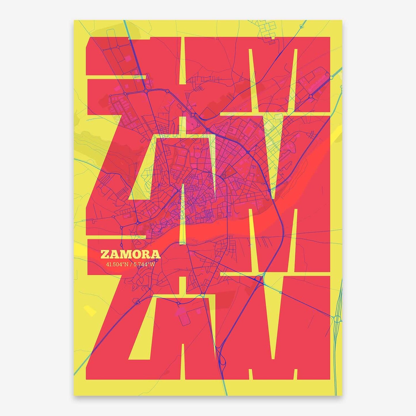The map of Zamora composed with letters from its name or IATA code printed on yellow and fuchsia