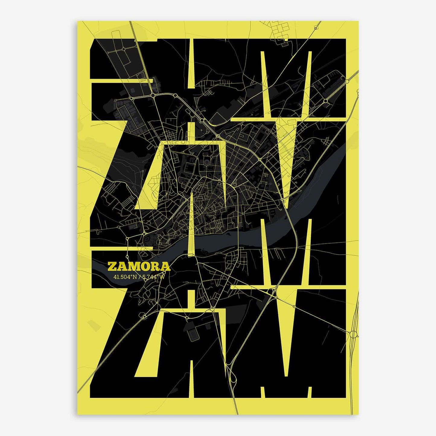 The map of Zamora composed with letters from its name or IATA code printed on black and yellow