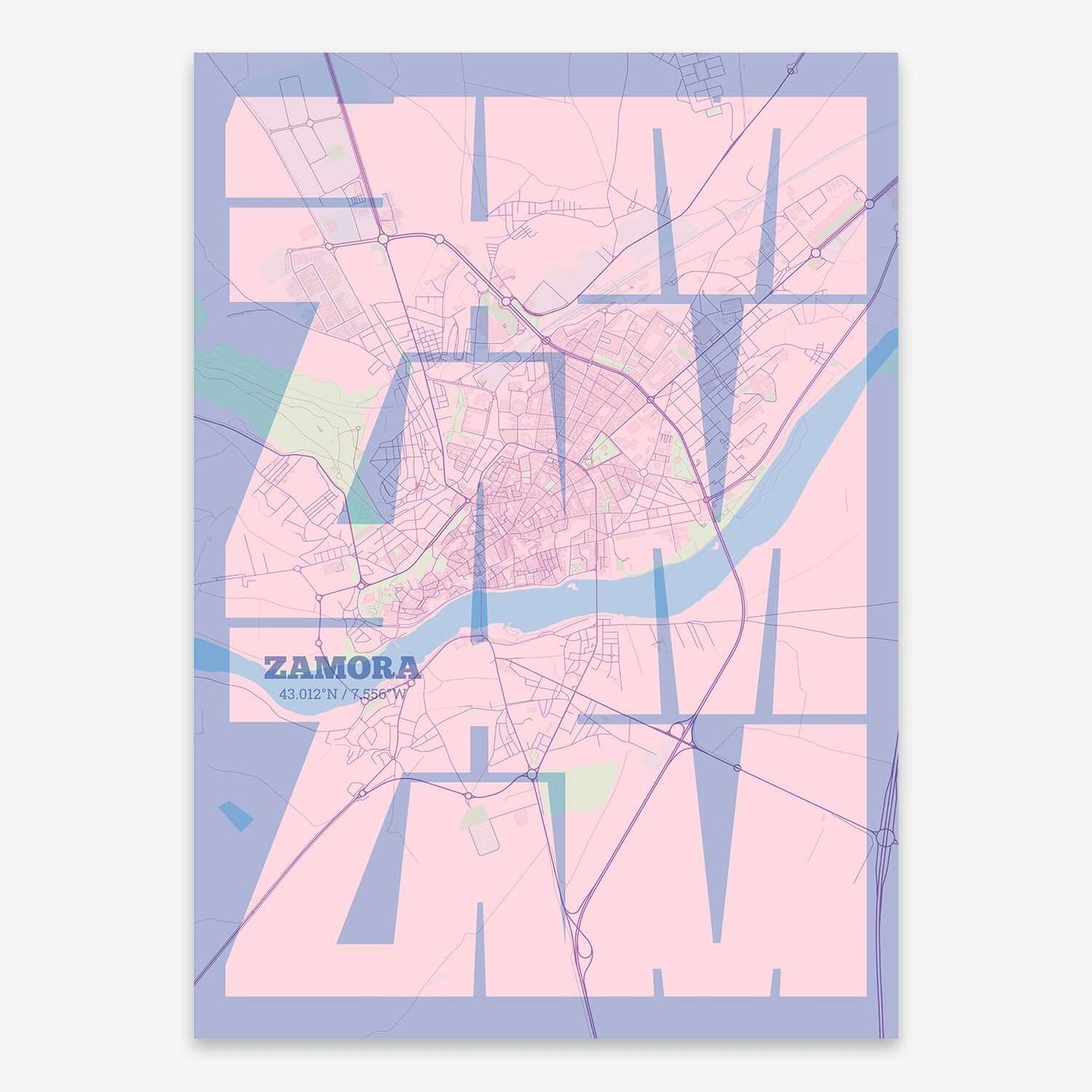 The map of Zamora composed with letters from its name or IATA code printed on pink and light blue
