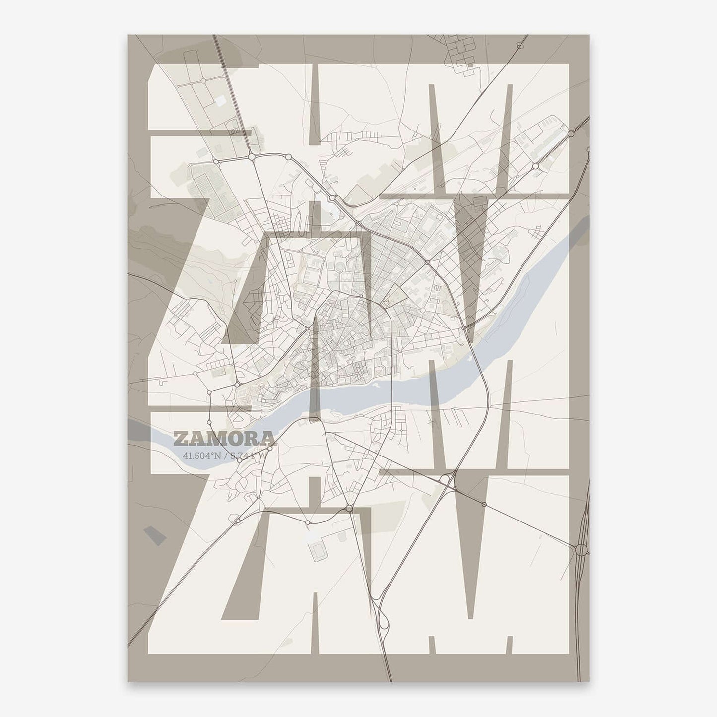 The map of Zamora composed with letters from its name or IATA code printed on light brown and an off-white background