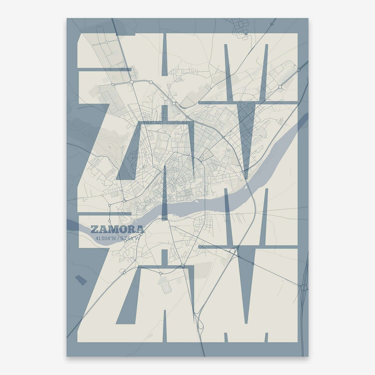 The map of Zamora composed with letters from its name or IATA code printed on bluish gray and an off-white background
