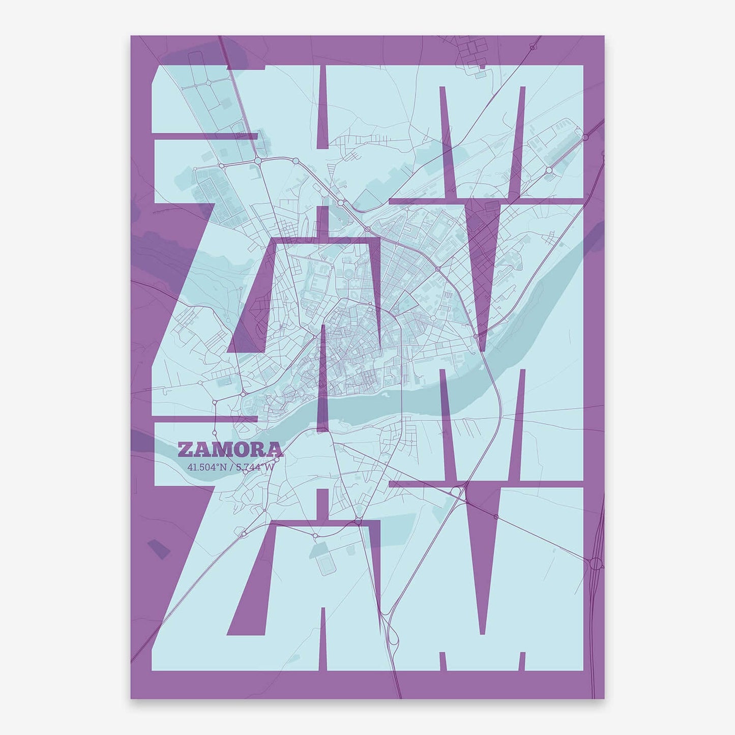 The map of Zamora composed with letters from its name or IATA code printed on purple and light blue