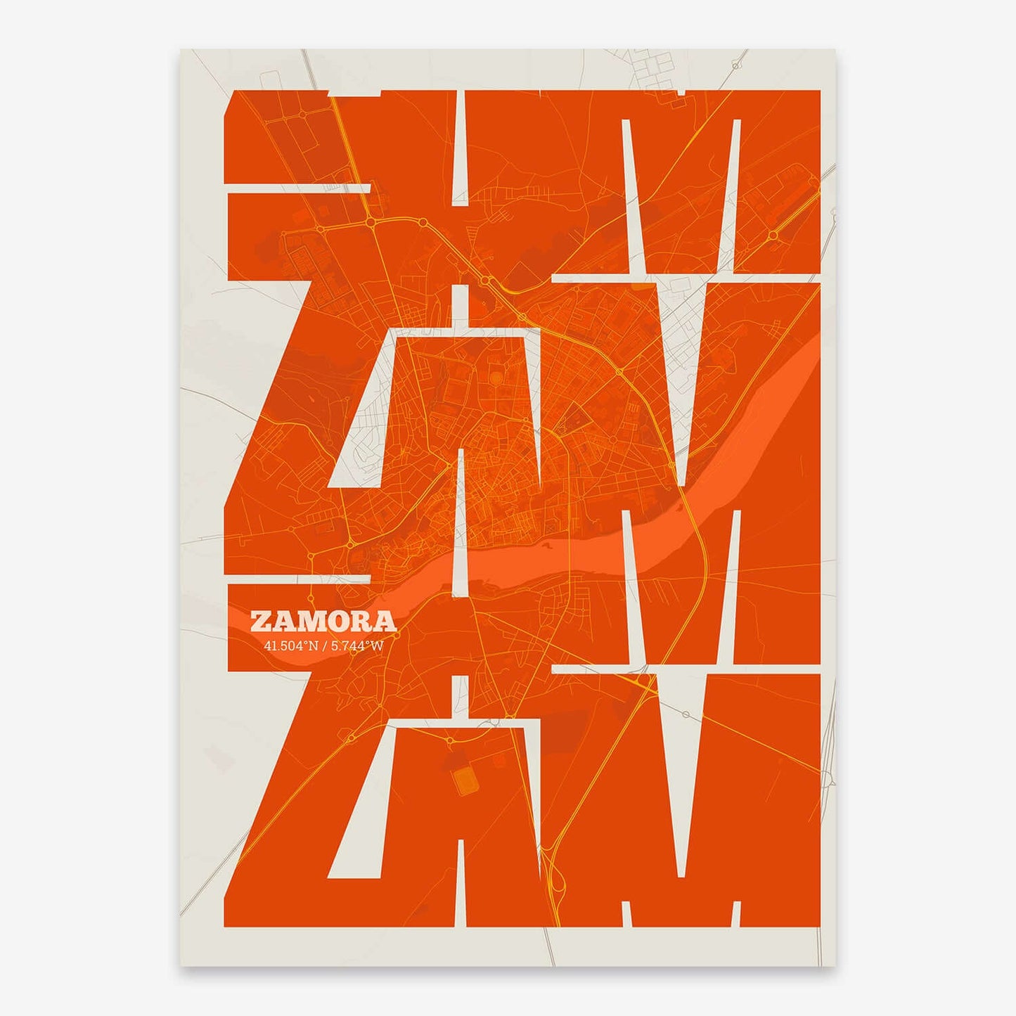 The map of Zamora composed with letters from its name or IATA code printed on orange and an off-white background
