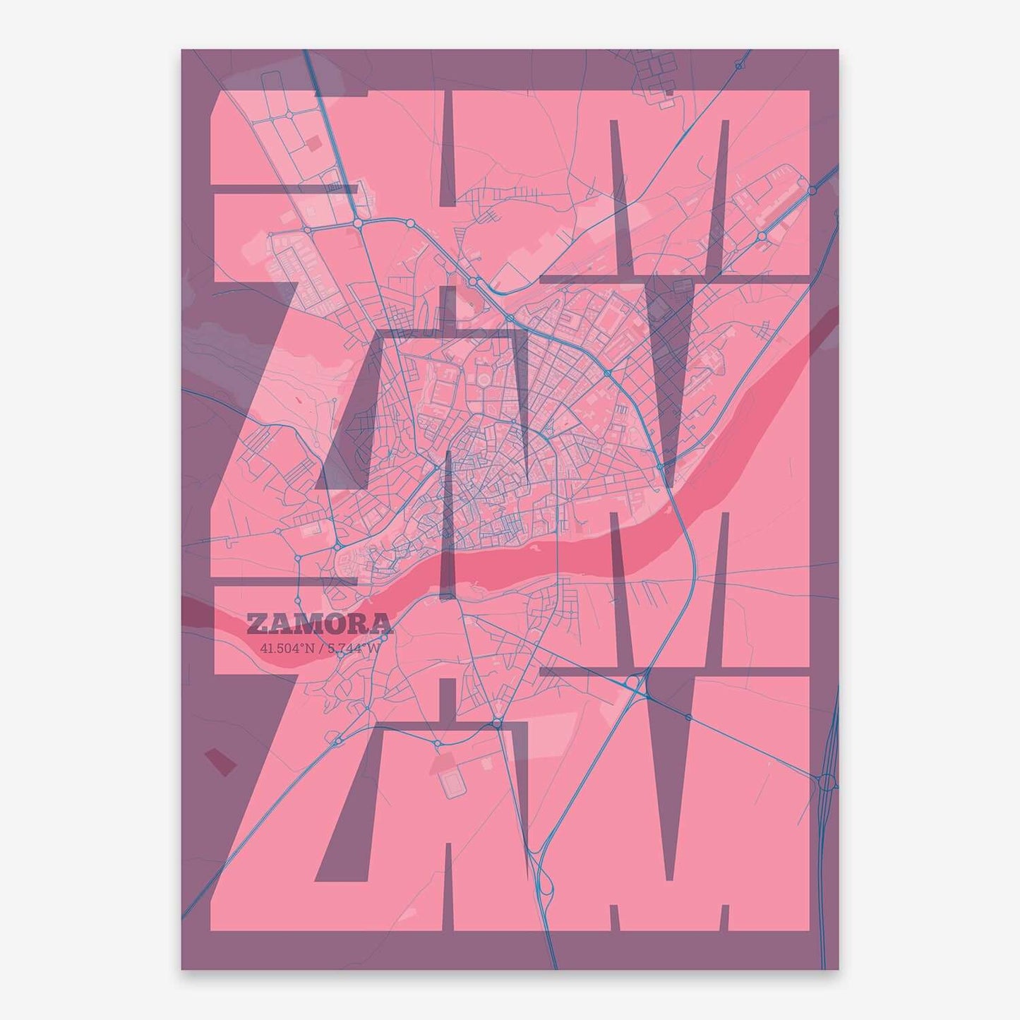 The map of Zamora composed with letters from its name or IATA code printed on violet y pink background