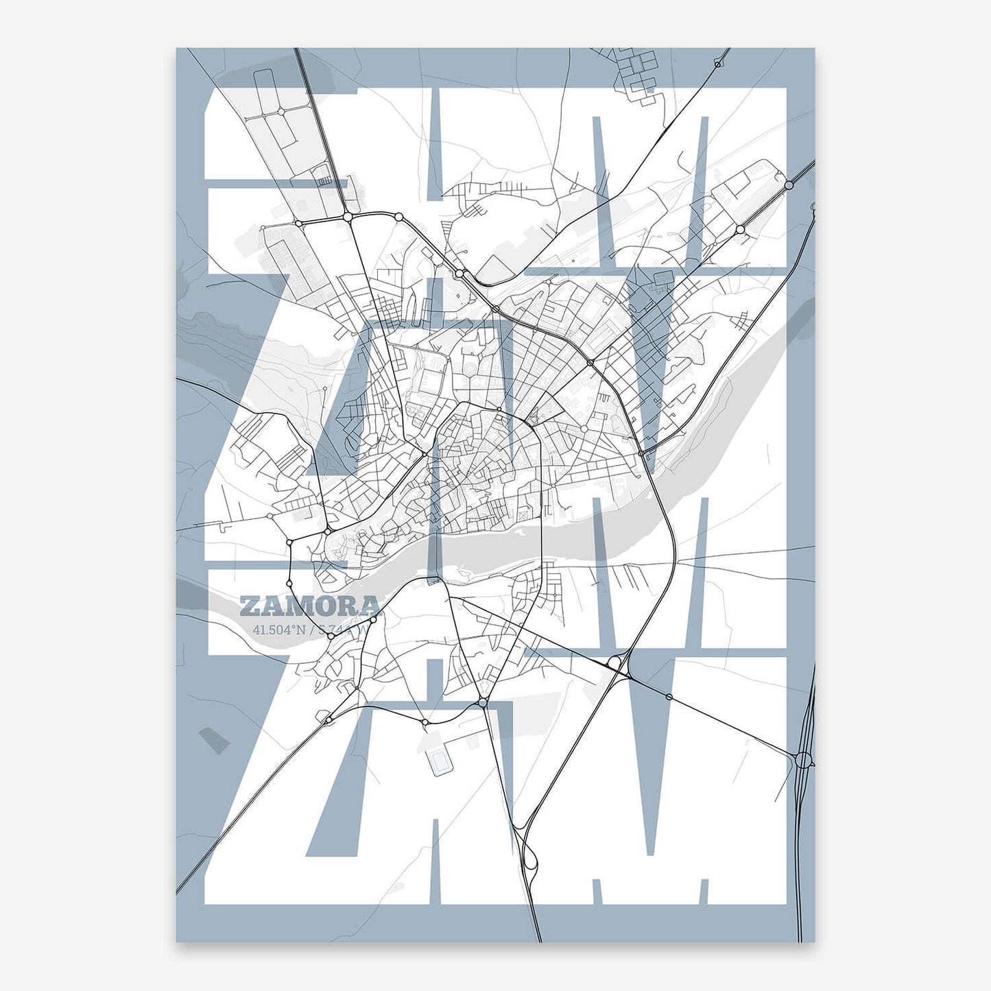 The map of Zamora composed with letters from its name or IATA code printed on black and white
