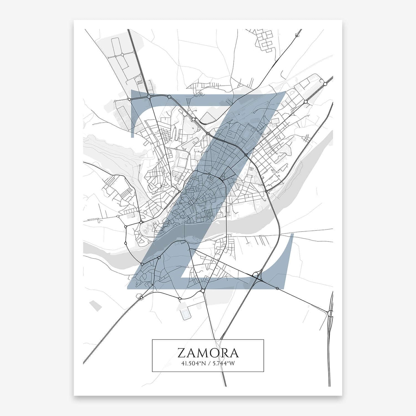The map of Zamora composed with letters in serif font printed on black and white