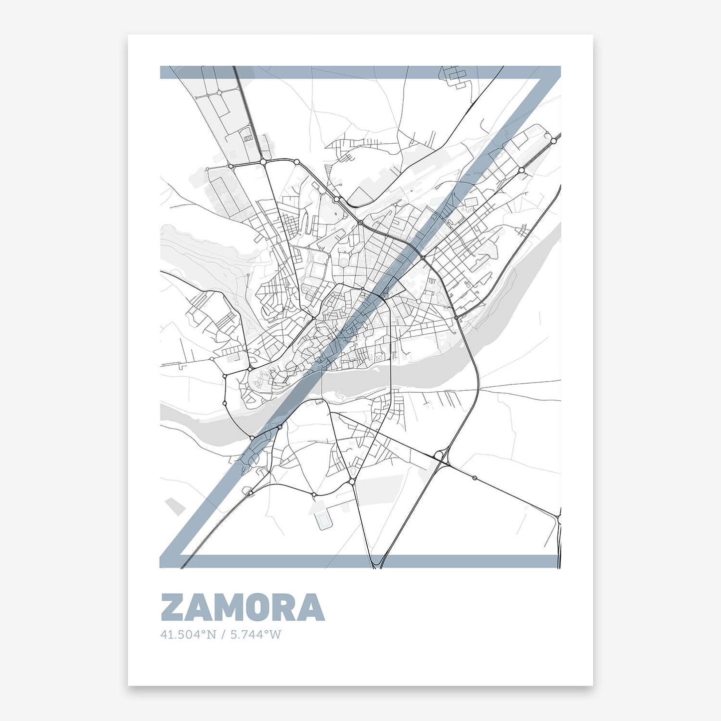 The map of Zamora composed with letters in extra light font printed on black and white